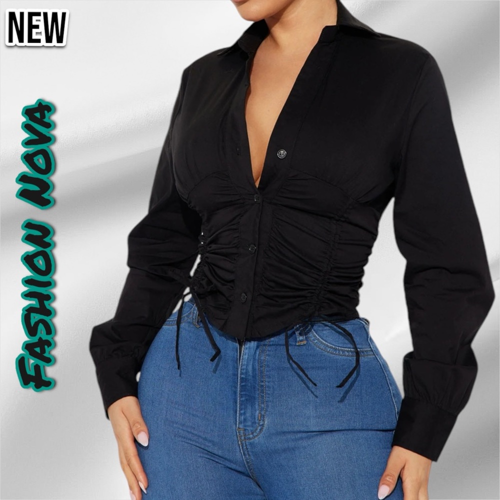 New NWT Fashion Nova Thinkin' Of You Poplin Shirt - Black